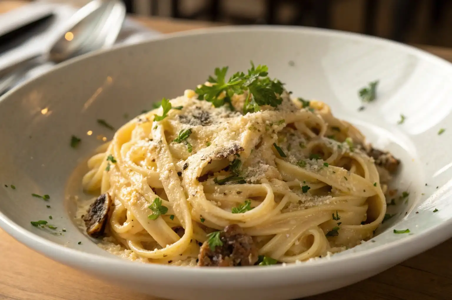 Truffle Pasta Recipe served in a white bowl with creamy sauce, Parmesan, and parsley.