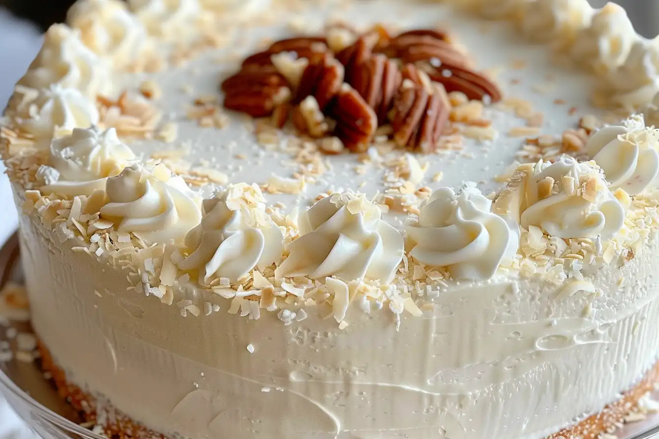 Italian Cream Cake with cream cheese frosting, toasted pecans, and coconut – a moist, flavorful Southern dessert.