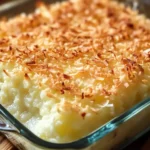 Gooey Coconut Cake with a golden, toasted coconut topping in a glass dish.