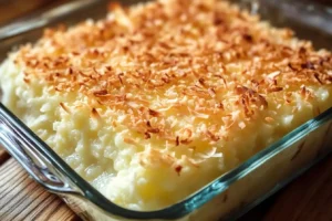 Gooey Coconut Cake with a golden, toasted coconut topping in a glass dish.