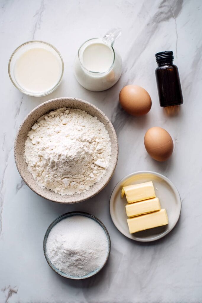 Labubu Cake Recipe 2 Labubu cake ingredients laid out including flour, sugar, butter, eggs and vanilla extract